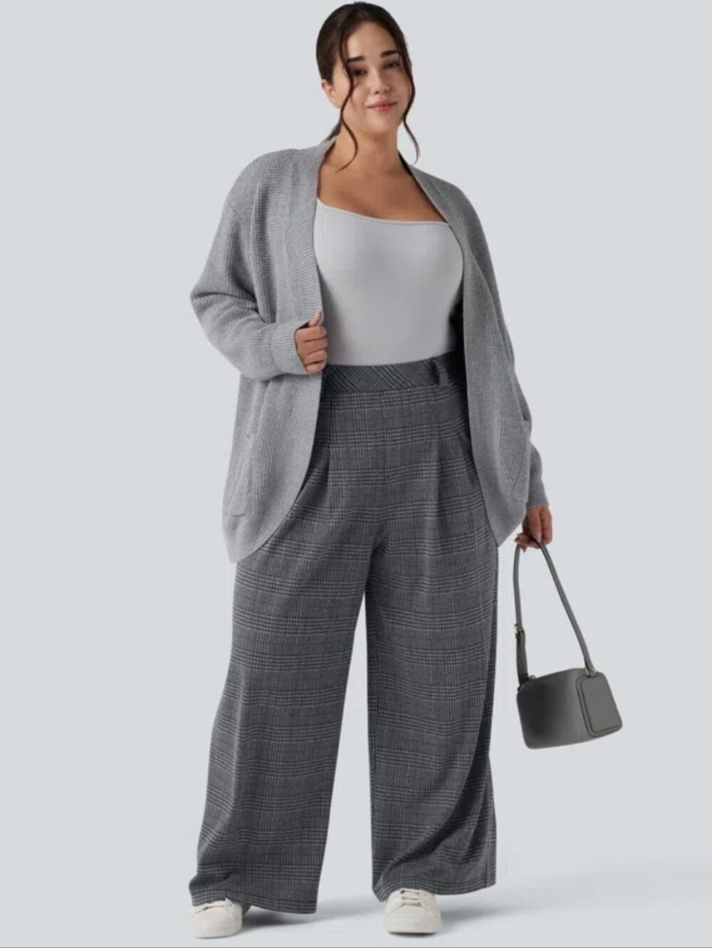 Halara Houndstooth Plaid Casual Pants Trousers Pull On Pleats Grey Womens Size M